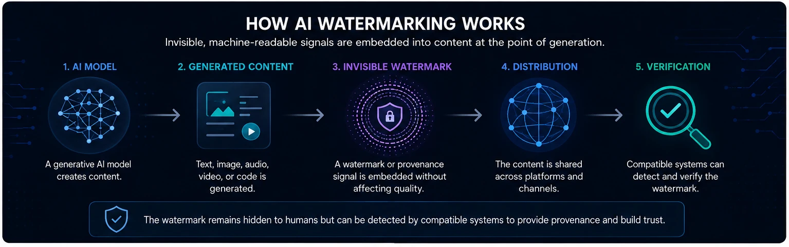 AI Content Watermarking in 2026: What Google, OpenAI, and Anthropic Are Actually Doing 2 Diagram showing how AI watermarking embeds an invisible signal into AI-generated text, images, and audio during content generation